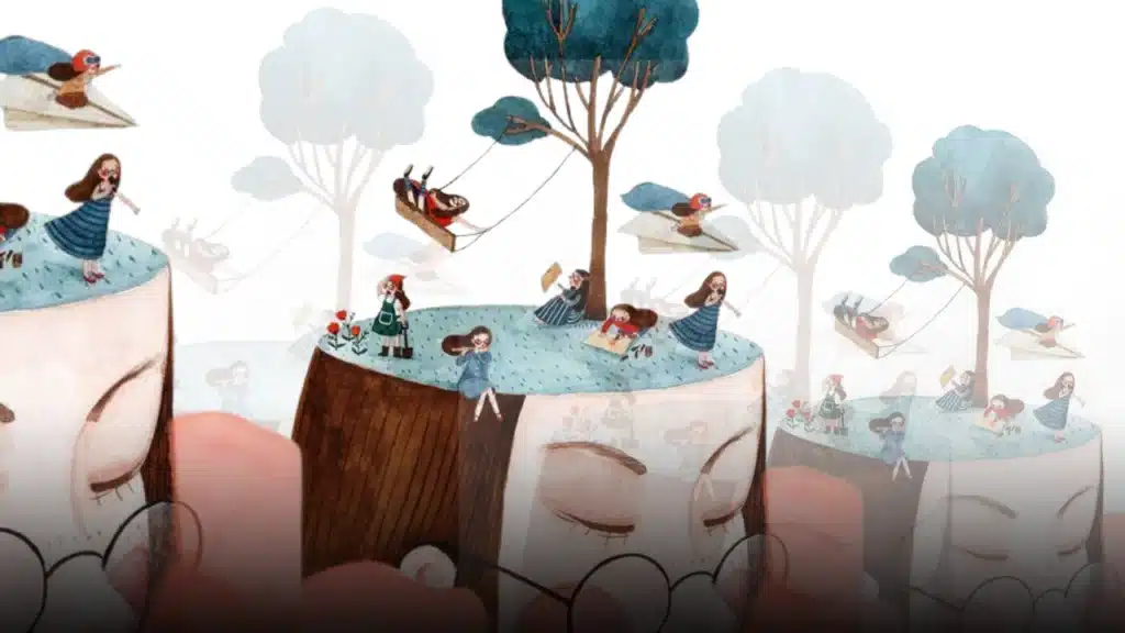 Pessoa dormindo com elementos oníricos ao redor da cabeça, representando a elaboração simbólica dos sonhos