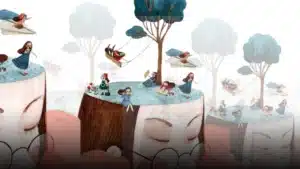 Pessoa dormindo com elementos oníricos ao redor da cabeça, representando a elaboração simbólica dos sonhos